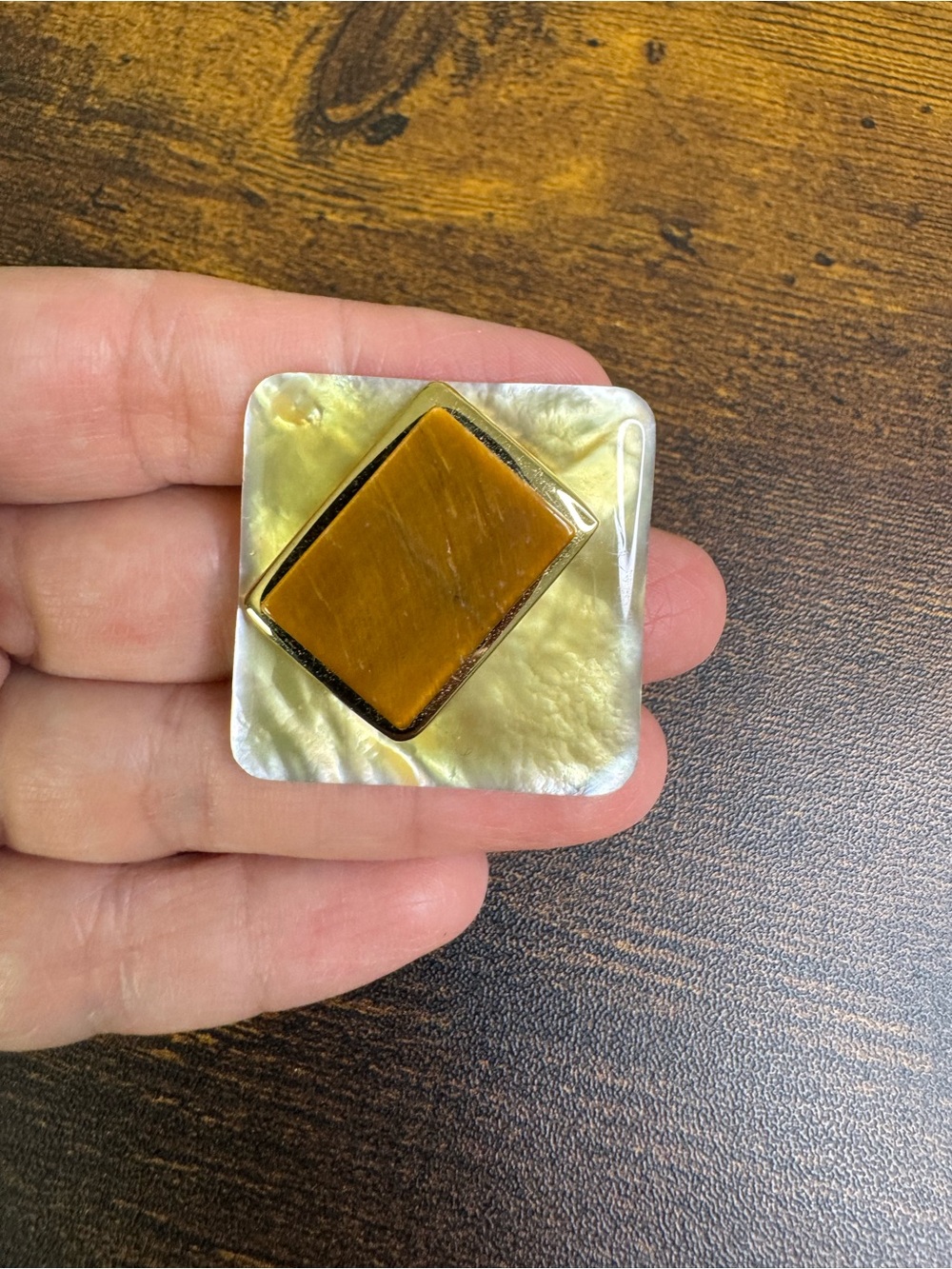 Vintage Tiger Eye and Mother-of-Pearl Square Brooch - Gold and Cream